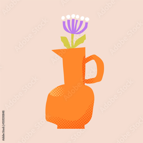 Vector paper cutout flat vase jar with abstract flowers bouquet in pastel tones, featuring halftone texture and collage style. Minimalist hand drawn illustration for posters, invitations, web design