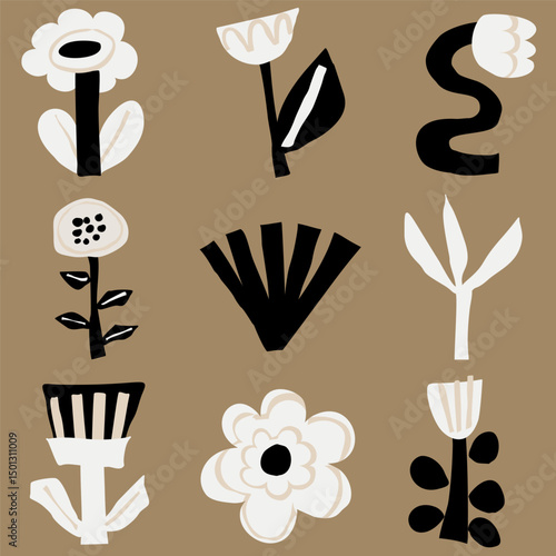 A grid of nine abstract modern art minimalist black and white cutout floral designs. Vector seamless pattern with bold botanical shapes. Home decor poster illustration