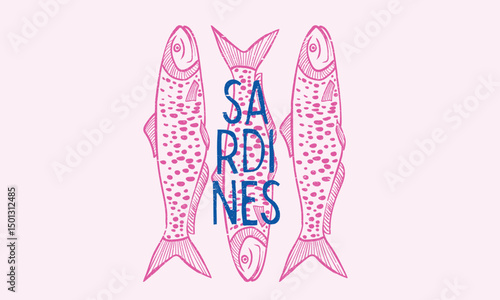 Seafood t shirt design. Sardines love club.  Sardines fish artwork for t shirt print, poster, sticker and other uses.