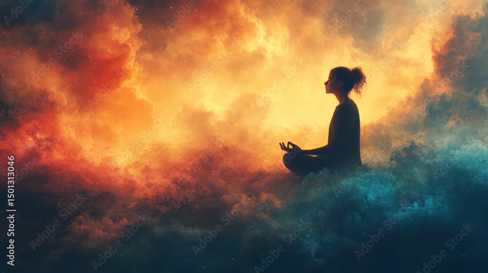 Obraz premium Meditating figure amidst celestial clouds, bathed in ethereal light