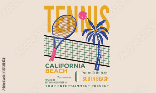 Miami tennis club artwork for t shirt, posters, stickers, background and others. Tennis champions team. Tennis court graphic design. 