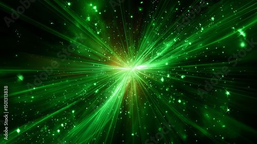 Green light flare effect, bright glow of burst with beams, sparkles, lightnings and bokeh. Abstract background with effect of speed motion or light flash, vector realistic illustration