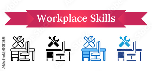 Workplace Skills - Multi Style Outline, Glyph Silhouette, Blue, Dual Tone Icon - Office desk with tools above, depicting essential skills needed in a real-world work environment