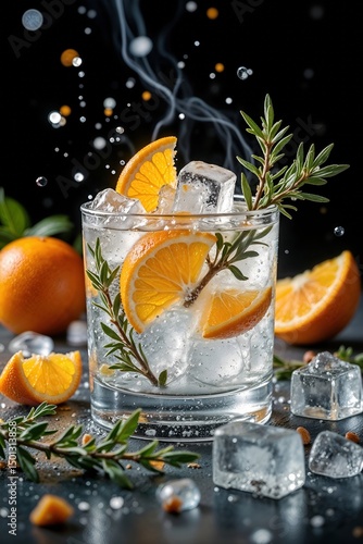 Elegant Gin and Tonic Cocktail with Fresh Rosemary and Orange Against Dark Background