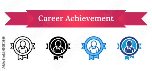 Career Achievement - Multi Style Outline, Glyph Silhouette, Blue, Dual Tone Icon - Person inside a ribbon seal, representing recognition of professional or educational excellence