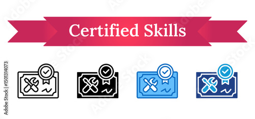 Certified Skills - Multi Style Outline, Glyph Silhouette, Blue, Dual Tone Icon - Certificate with tools and checkmark ribbon, symbolizing verified technical or vocational skills