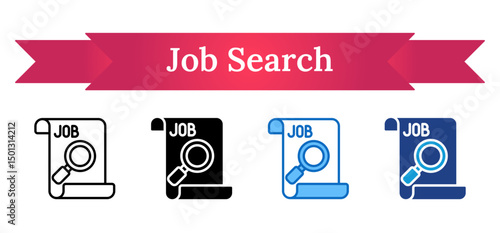 Job Search - Multi Style Outline, Glyph Silhouette, Blue, Dual Tone Icon - Job listing scroll with magnifying glass, representing employment search and job hunting tools