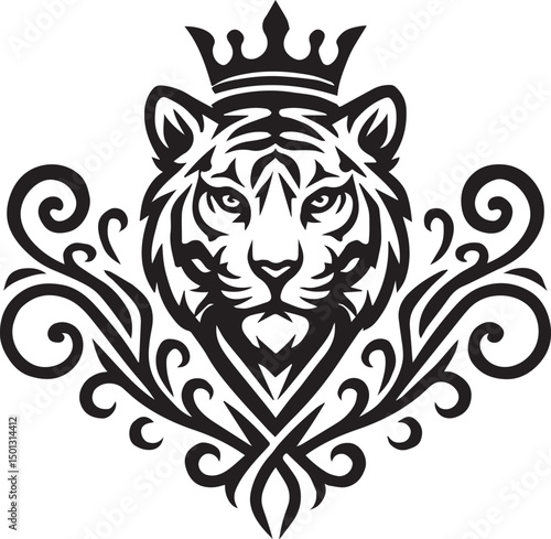 Black vector tribal tiger floral swirl ornament seamless pattern background