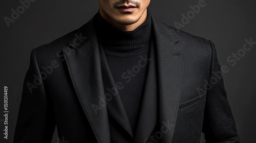 Close up of a man in a black turtleneck and suit jacket against a dark gray studio backdrop