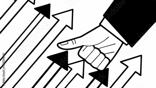Hand pointing at downward arrow among upward arrows in black and white illustration style created with generated ai