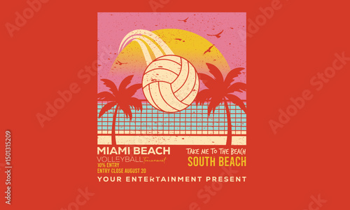 Miami volleyball club artwork for t shirt, posters, stickers, background and others. volleyball champions team. Volleyball court graphic design.