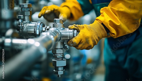 Close-up of worker tightening the pipe connection in an industrial setting