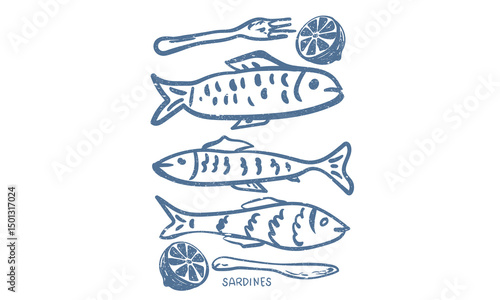 Sardines love club. Fish vintage artwork. Sardines fish artwork for t shirt print, poster, sticker and other uses.