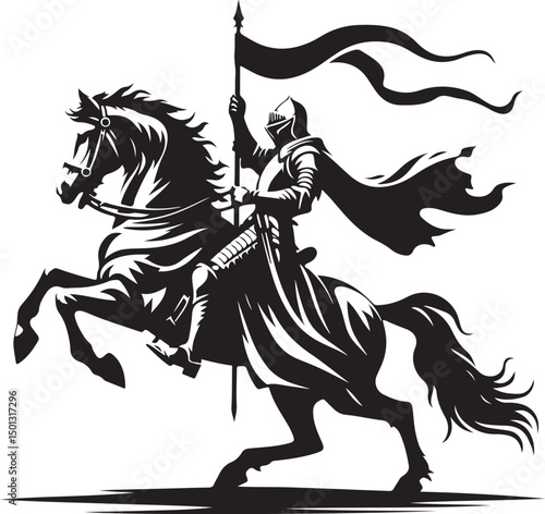 Vector art of Black and white vector illustration of a knight riding a horse isolated on white background