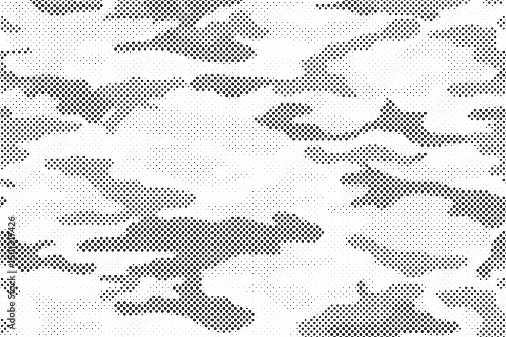 Fototapeta premium Halftone camouflage pattern background. Classic military clothing style. Masking camo repeat print. Black and white seamless camouflage halftone texture. 