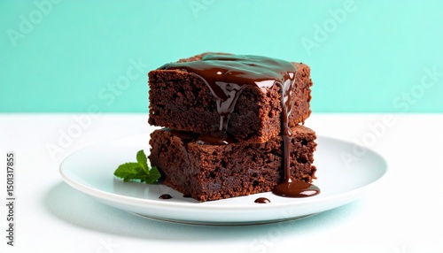 A slice brownie cake with dark choco toping at plate