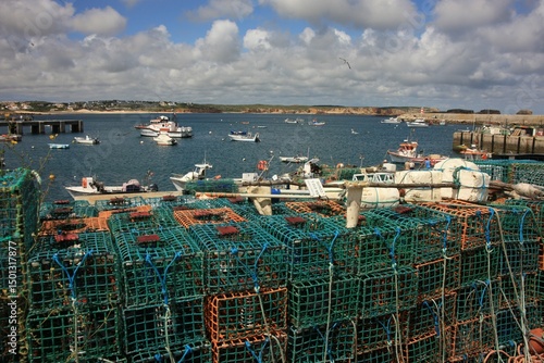 View across lobster pots to the fishing port of Sagres in Portugal