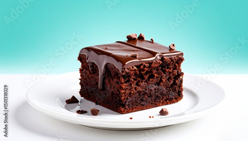 A slice brownie cake with dark choco toping at plate