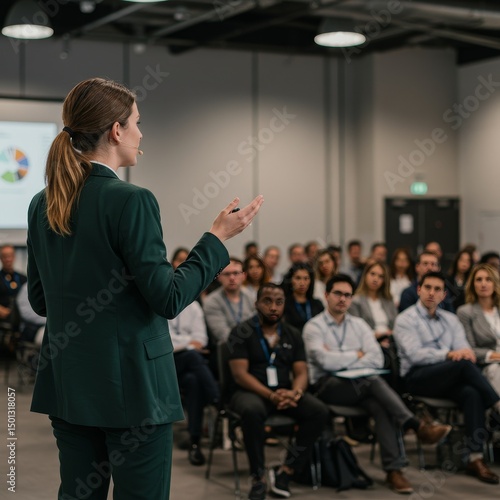 Photo of a Woman Presenting to an Audience in a Conference Hall Wearing a Dark Green Suit