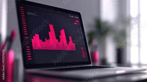 Modern laptop displaying vibrant pink data visualization on screen, set in stylish workspace with plants and stationery