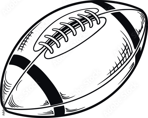 Detailed Black and White Hand-Drawn Illustration of American Football, Rugby Ball, Gridiron Sports Equipment, Athletic Gear, Oval Leather Ball with Laces, Vintage Sketch Art for Sports and Games