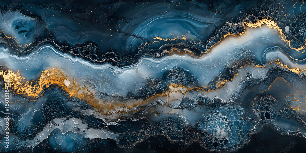 Fototapeta premium Black and blue marble stone background, fossil texture