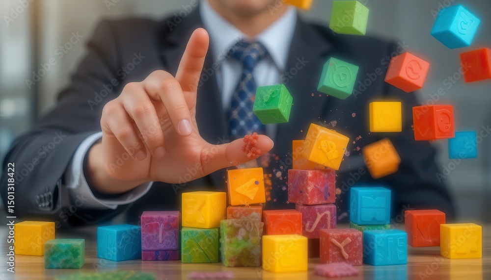 Naklejka premium A child plays with colorful building blocks