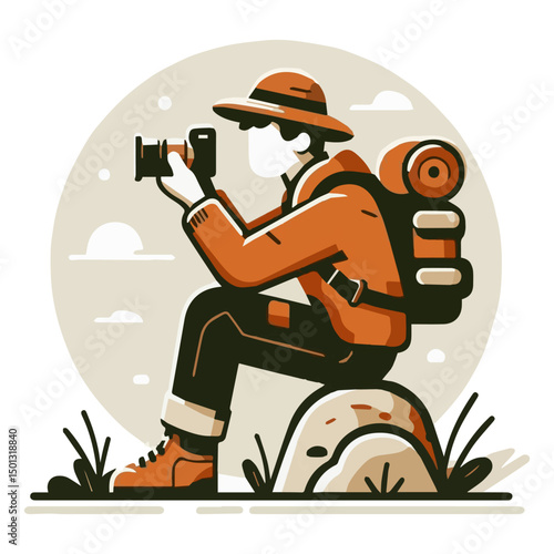 The travel photographer is a flat stylized color illustration on a white isolated background. Vector graphics. EPS.