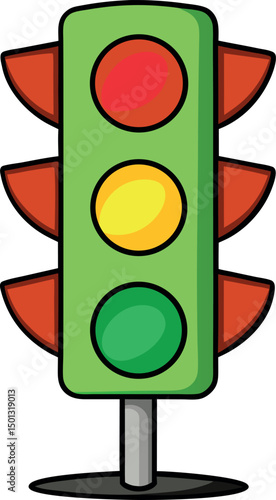 Colorful Traffic Light Illustration with Red, Yellow, Green Signals for Road Safety, Traffic Control, Driving Rules, Urban Planning, Transportation, Pedestrian Safety, Vehicle Regulation, Stoplight