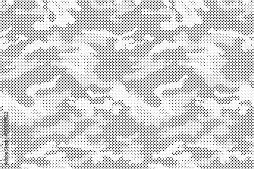 Halftone camouflage pattern background. Classic military clothing style. Masking camo repeat print. Black and white seamless camouflage halftone texture.
