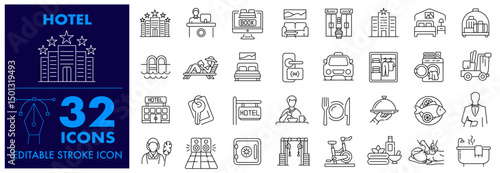 Hotel Icon set. room, service, booking, taxi, facilities, elevator, massage, gym and more. Editable Stroke Icon