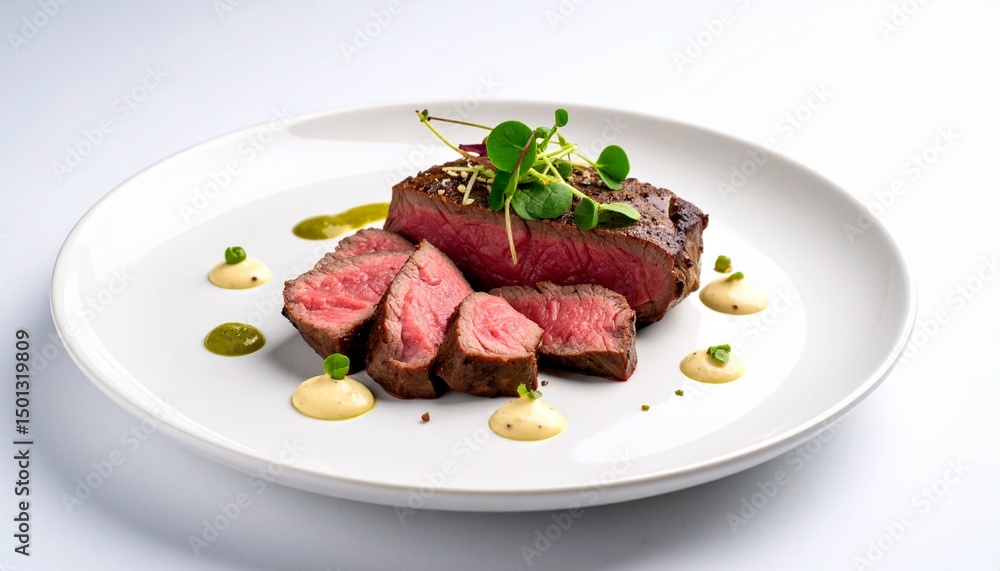 Medium rare steak slice at wooden plate with cream and white background Medium rare steak slice at wooden plate with cream and white background