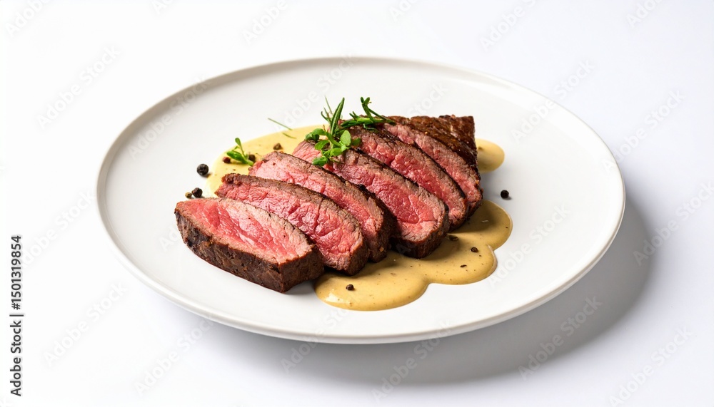 Medium rare steak slice at wooden plate with cream and white background Medium rare steak slice at wooden plate with cream and white background