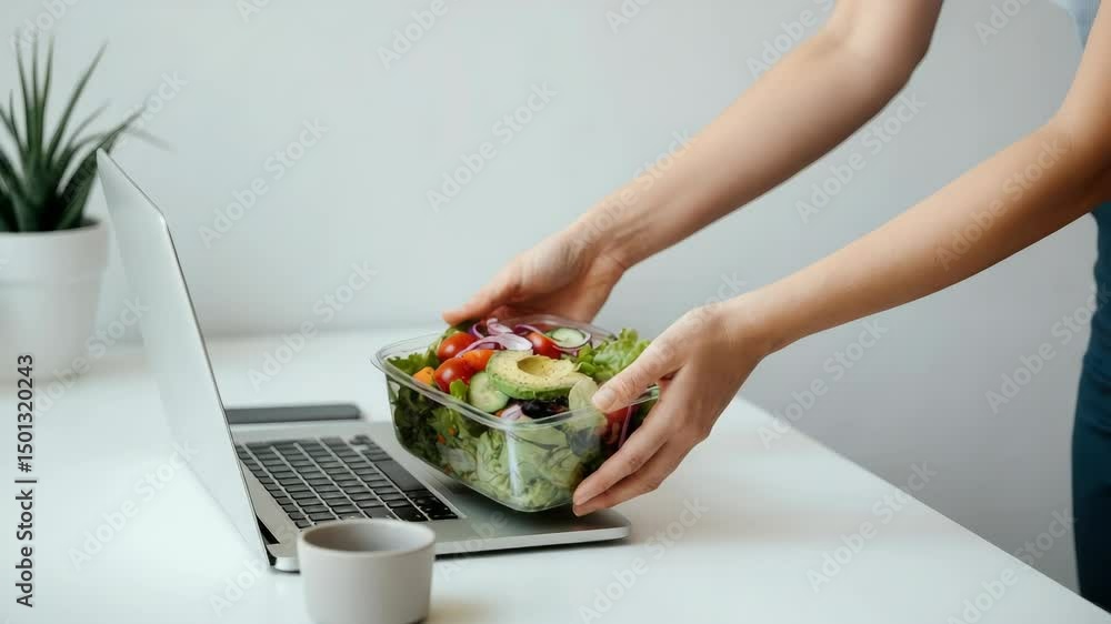 Person with salad working on laptop from office desk Person with salad working on laptop from office desk