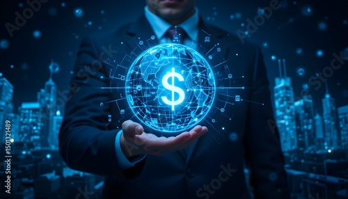 A businessman holding a glowing digital globe with a dollar sign, representing global finance, fintech, and the future of digital economy.