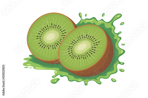 Fresh ripe exotic kiwi falls into a splash of juice, isolated .on white background