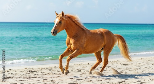 Powerful American Quarter Horse galloping on sandy beach at sunrise with ocean in the background


