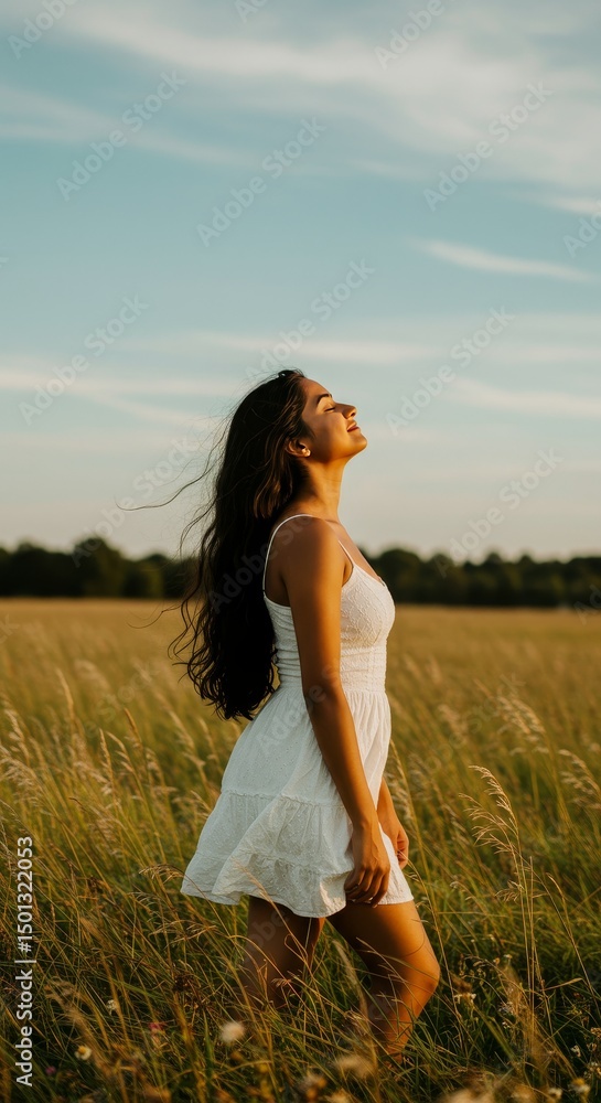 Photo of a Young Woman in a White Dress with Curly Hair and Sunlight in a Field Photo of a Young Woman in a White Dress with Curly Hair and Sunlight in a Field