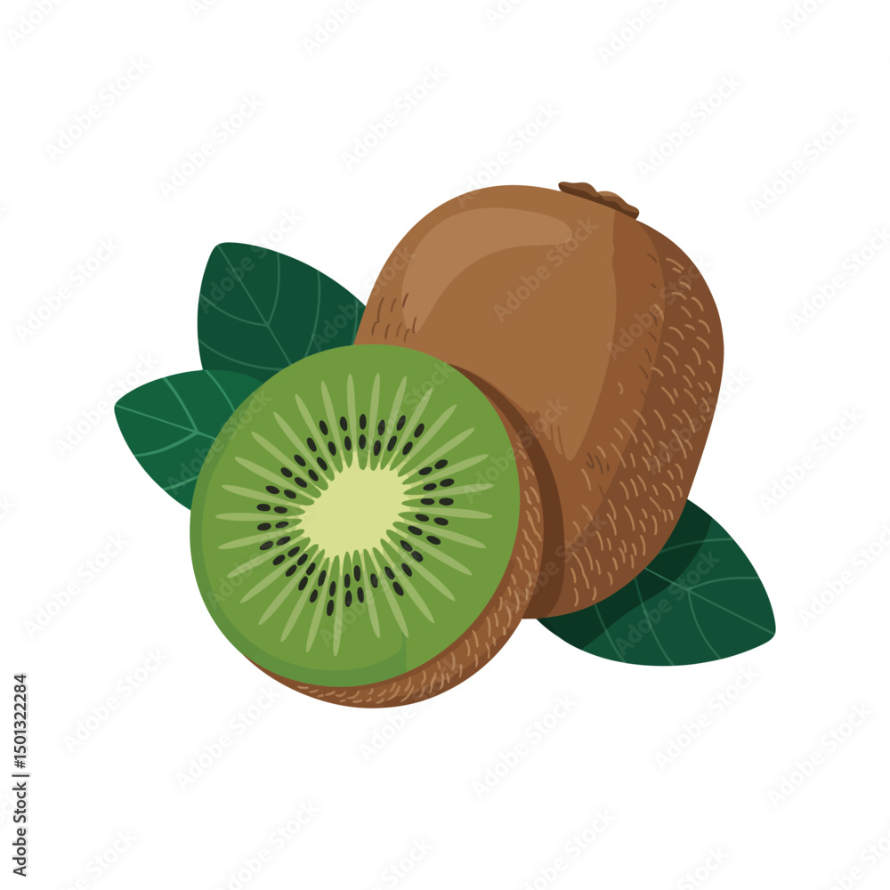 Obraz premium Whole kiwi and Half of fresh kiwi fruit with green leaf isolated on white background. Flat vector illustration