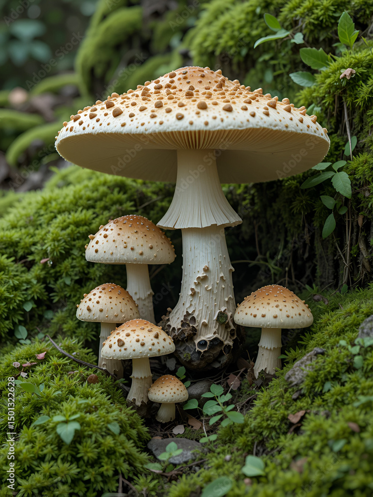 Fototapeta premium Beautiful boletus edulis mushroom in amazing green moss. Amazing old magic forest mushrooms background. White mushroom collection.