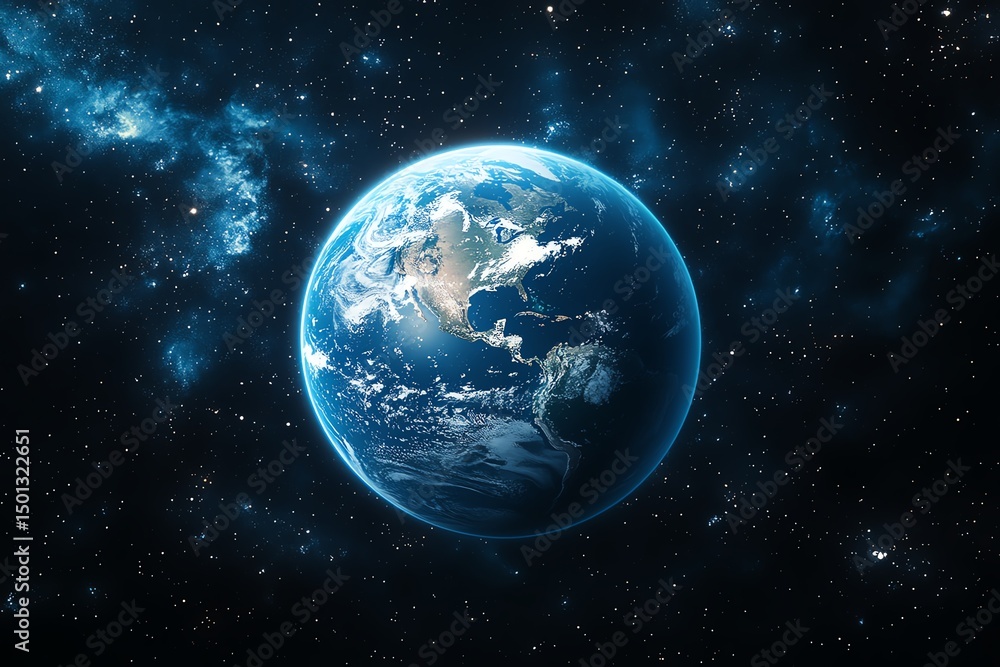 Fototapeta premium Stunning view of Earth from space, showcasing its vibrant blue oceans and swirling clouds against the backdrop of a star-filled cosmos.
