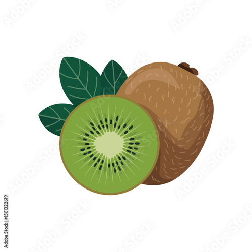 Whole kiwi and Half of fresh kiwi fruit with green leaf isolated on white background. Flat vector illustration
