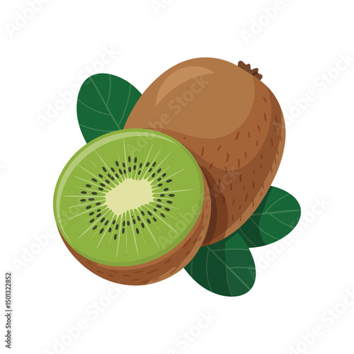 Whole kiwi and Half of fresh kiwi fruit with green leaf isolated on white background. Flat vector illustration