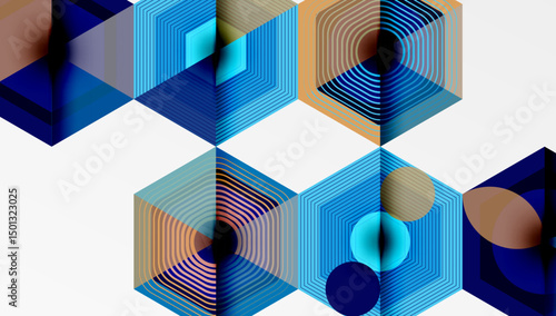 Abstract geometric pattern. Hexagons overlap, creating layered visual effect. Blue, brown, orange hues dominate composition. Clean lines define shapes.