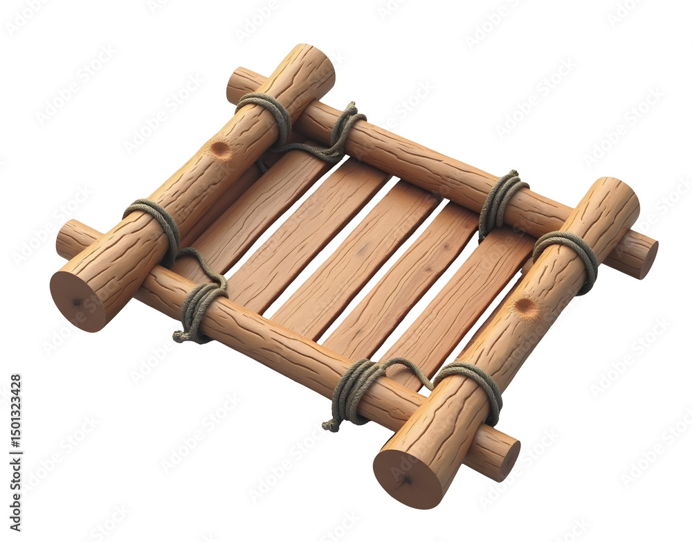 Fototapeta premium Wooden raft made of logs tied with rope, simple and rustic floating platform