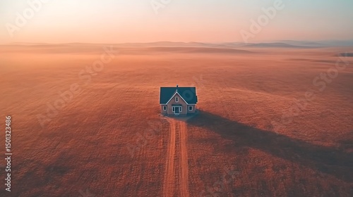lonely minimalist house on rugged mountain aerial symmetry wide shot soft muted colors calm environment rule of thirds