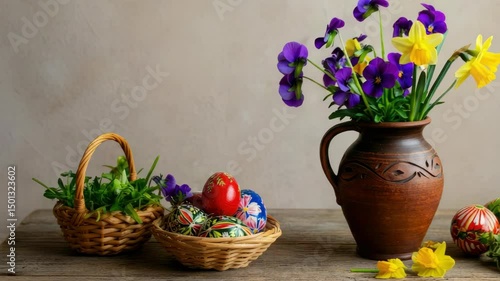 Wallpaper Mural Floral arrangement in clay vase with decorated eggs and baskets, reflecting Easter celebration Torontodigital.ca