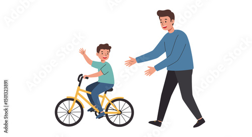 Happy Boy Learning to Ride Bicycle with Fathers Guidance