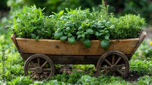 Herbs in a wooden cart on wheels fill a garden with leafy greens and freshness