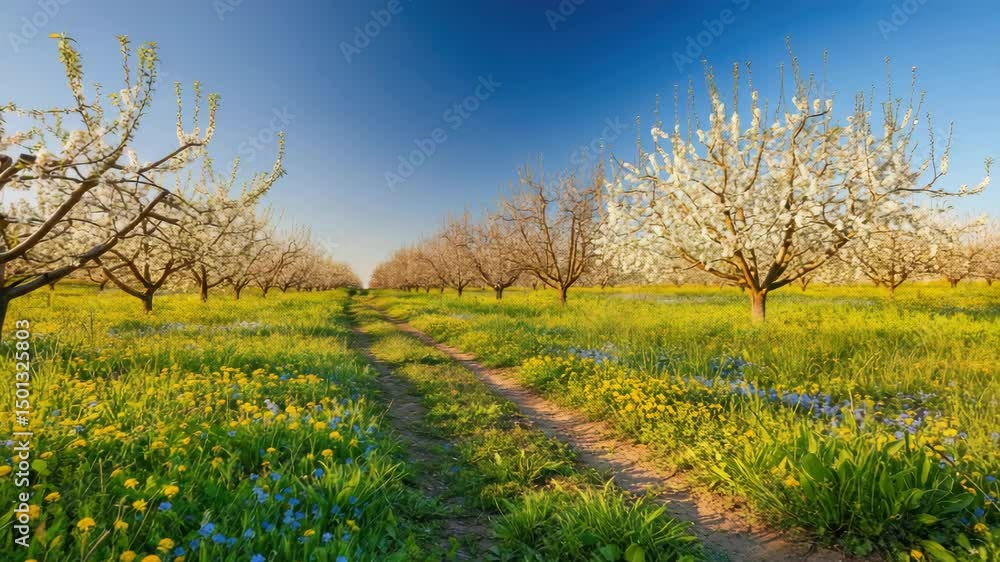 Beautiful springtime orchard with blossoming trees and vibrant wildflowers under clear blue sky Beautiful springtime orchard with blossoming trees and vibrant wildflowers under clear blue sky